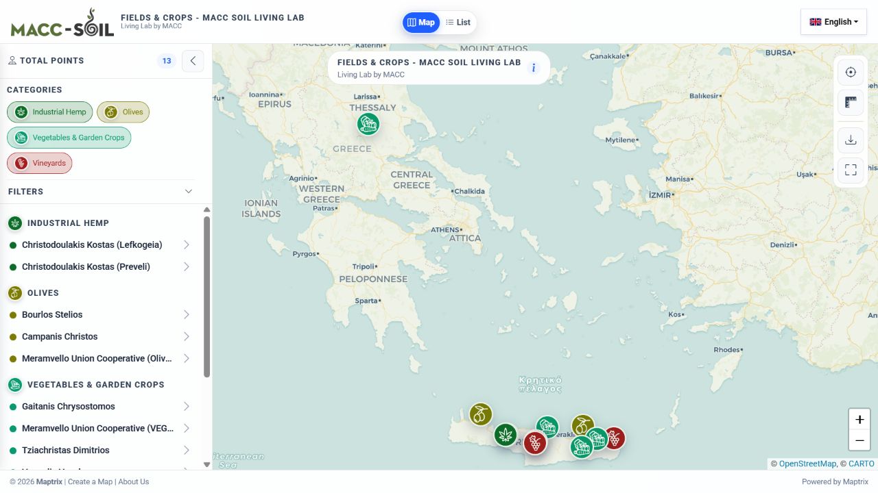 MACC SOIL Living Lab map showing crop categories, field locations across Greece and the Maptrix sidebar
